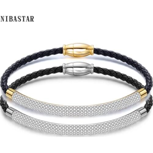 Stainless Steel Magnetic Clasp Bracelet Fashion Jewelry Crystal Rhinestone Charm Leather Wrap Bracelets For Women