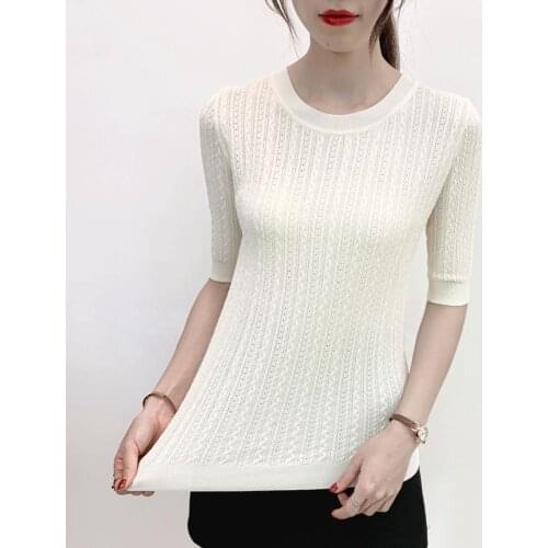 GGRIGHT Summer Korean Ice silk Tops Women Knitted Cotton Basic Tee Shirts Women Solid Half Sleeve Casual T-shirt Femme Summer