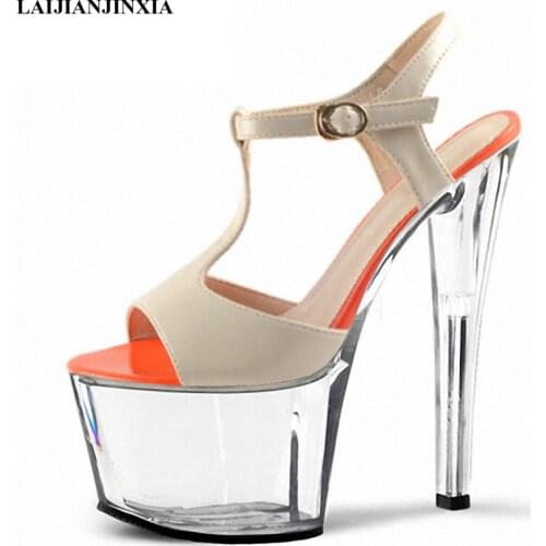 LAIJIANJINXIA New 17Cm Blue T-Strap Women Sandals High Heel Platform Shoes Ladies Clear Heels Open Toe Party Sandals