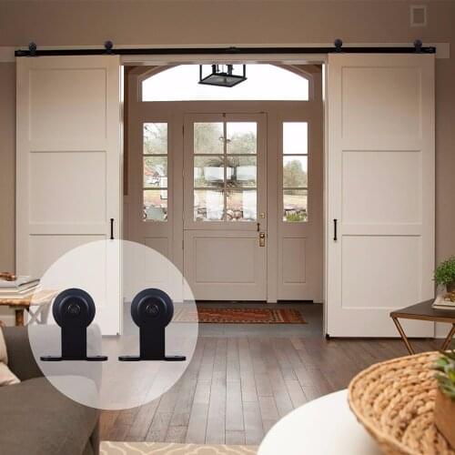 LWZH Country/Antique Style Black Steel Sliding Barn Door Hardware Kit T- Shaped Track Roller for 6FT/6.6FT/7FT/9FT Double Door