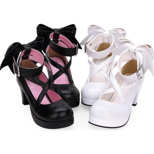 Anime cosplay princess maid sweet lolita shoes round head thick heel cute bowknot kawaii shoes loli daily cos women shoes