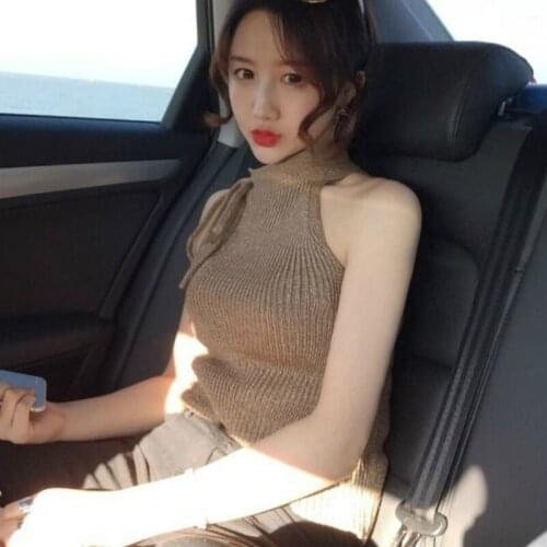 Tanks Women Top Halter Lace Up Knitted Crop Tops Solid Off-Shoulder Sexy Lady Camisole Summer Daily Ulzzang Female Casual Tank