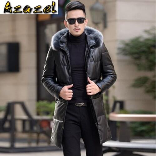 Azazel Winter Leather Jacket Men Duck Down Long Coat Male Fox Fur Collar Second Layer of Sheepskin Coat Outwear HN1319 LX2353