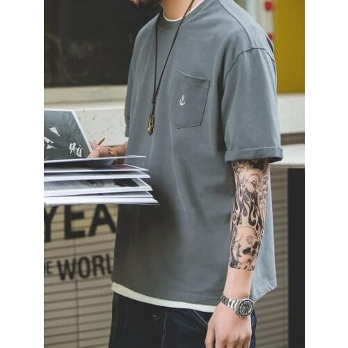 Maden Vintage Anchor T-shirts For Men 100% Cotton Small Package Solid Short Embroidered Tee Shirt Short Sleeve Dark Gray T-Shirt