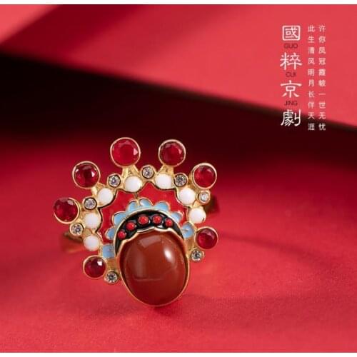 Beijing Opera Facial Makeup South Red Ring Sterling Silver Gold-Plated Chinese Style Court Fashion Earrings Womens Opening Agat