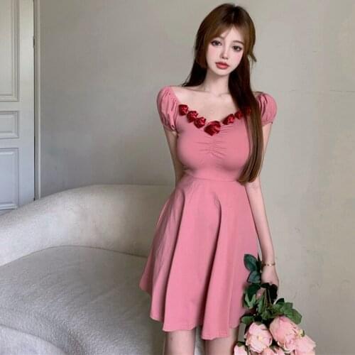 Hstar High Street Casual V-neck Sexy Beach Dress 2021 Summer Solid Kawaii Dresses Women Designer Korean Elegant Sweet Dresses