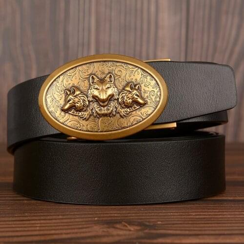 High-end Automatic Buckle Cow Leather men belts Fashion Luxury Leather Dress Waist Strap for men Gold Three Wolfs Ratchet Belt