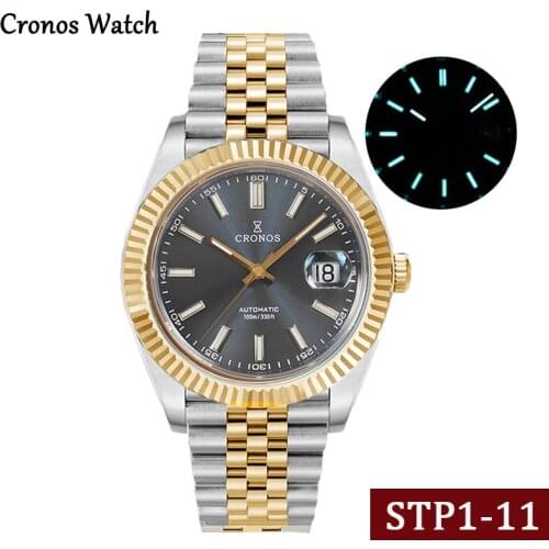 Cronos Date Luxury Men Dress Gold Watch Stainless Steel 5 Links Bracelet Copper-Nickel Platinum PVD Bezel 100m Water Resistant