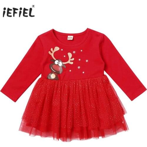 Christmas Costume Infant Baby Girls Clothes Cotton Round Neck Long Sleeve Dress Elk Snowflake Print Pattern Mesh Tutu for Party
