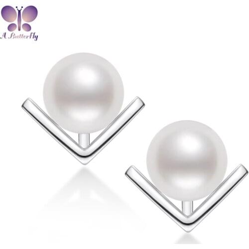 A Butterfly 925 Sterling Silver Pearl Stud Earrings 7-7.5mm Natural Freshwater White Pearl Triangle Earrings
