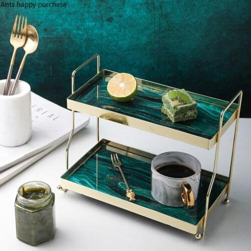 Nordic Gold-plated Glass Double Layer Dessert Plate Cosmetic Jewelry Storage Rack Decoration Cake Stand Metal Display Stand