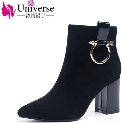 Universe elegant kid suede ankle boots metal ring warm plush pointed toe high heels black ladies winter boots women shoes H194