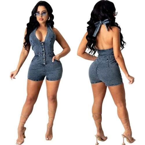 UVRCOS Birthday Outfit For Women Club Overalls Denim Material Rompers Summer Sleeveless Halter Chest Button Lady Casual Clothing
