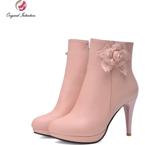 Original Intention Women Ankle Boots Autumn Winter Boots Pink/White/Beige/Blue Platform Stiletto Heel Round Toe Shoes Woman