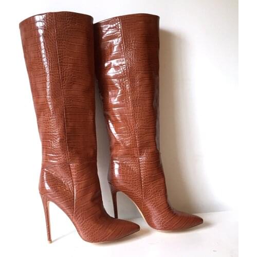 Womens Boots Pointed Toe High Heels Shoes Knee High Boots Crocodile Pattern Brown Ladies Fashion Footwear winter US10 EU40