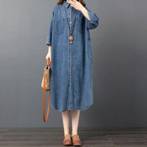 Korean Large Size Womens Denim Dress Summer Loose Mid-Length Three-Quarter Sleeve Shirt Dress Vintage Casual Clothing zh1402