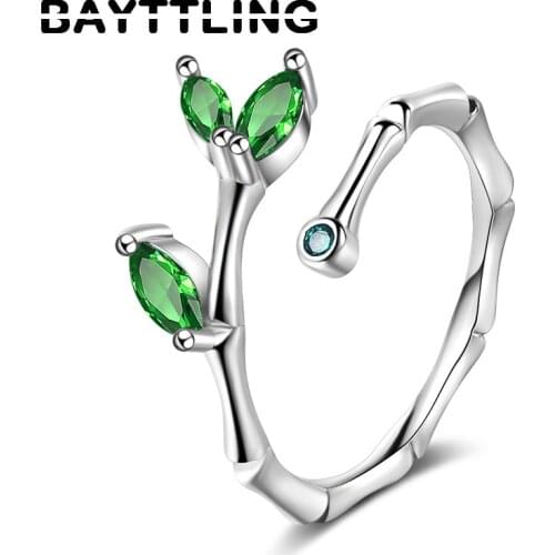 BAYTTLING 925 Sterling Silver Simple Bamboo Leaf Zircon Open Ring For Woman Fashion Wedding Birthday Gift Jewelry
