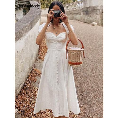 Kesiachiccly Ruched Midi Dress Women 2021 Summer Puff Sleeve Vintage Dress Button Sexy Square Collar Bodycon Club Party Dresses