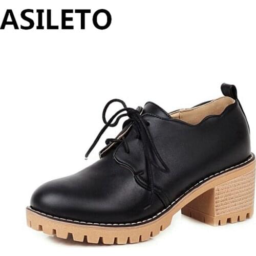 ASILETO 2021 Retro Ladies Pumps College Style Ruffles Platforms Lace Up Round Toe 6CM Chunky Heel Shoes US12 Black Beige A4398