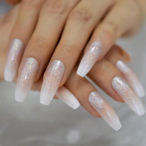 Glitter Natural Coffin Fake Nails Long Natural French Nail Tips Artificial Full-covered False Nail Tips
