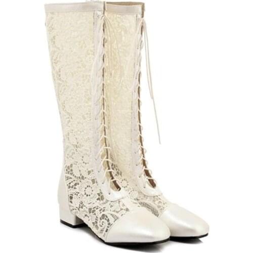 Summer Women Boots Square heel Zipper Sexy Lace Mesh Boots Breathable Casual Womens Shoes High Mid-calf Fashion Big Size 33-46