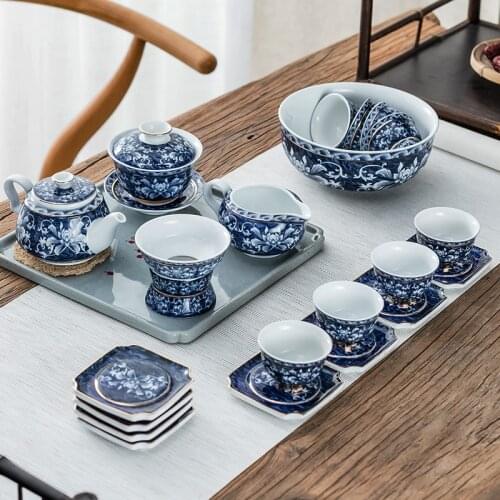 Jingdezhen, blue and white porcelain, kungfu tea set, thin tire, covered bowl, teapot, teacup, household, kungfu tea set