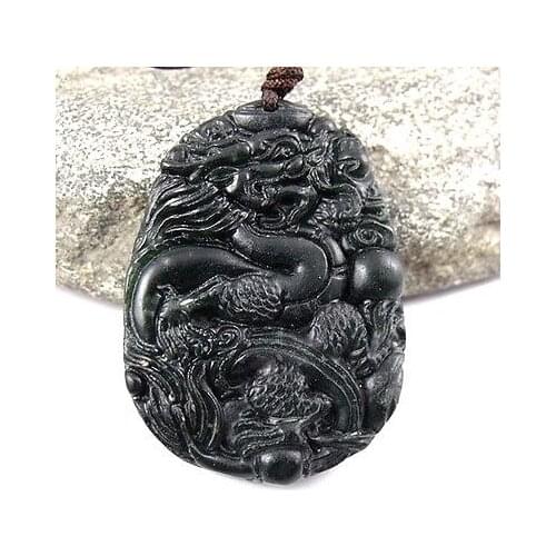 Black Green chalcedony Dragon in the sky Amulet Pendant NO. 030