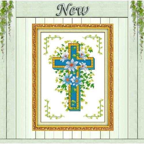 Flowers and Cross Christian,11CT Pattern Printed on Canvas DMC 14CT Cross Stitch kits,Embroidery Needlework Set,Home wall Decor