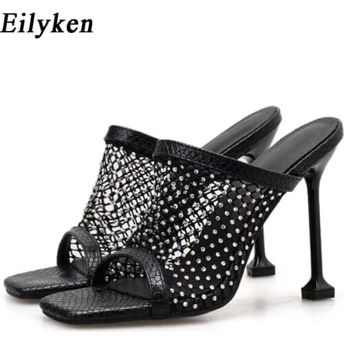 Eilyken Summer Sexy Hollow out Mesh Peep Toe Fashion Snake grain High Heels Women Slippers Diamond Crystal Party Stilettos Shoes