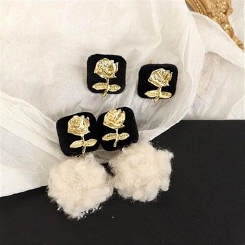 Korean Stud Earrings Little Kawaii Cute Women Sweet Vintage Retro Hairball Rose Flower Fashion Jewelry Girls gift Wholesale