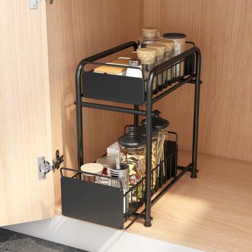Kitchen Storage Rack Desktop Telescopic Push-Pull Type Storage Organizer Under Sink Organizer Seasoning Organizer Rack (Black)