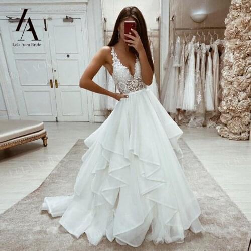 LelaAcra Sleeveless Wedding Dresses 2021 Appliqued Lace V-neck Court Train Bridal Gown Princess ES04 Plus Size Vestido De Novia