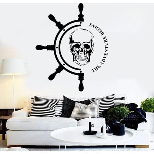 Skull Wall Decal The Adventure Begins Ship Steering Wheel Nautical Pirates Vinyl Sticker Art Sailor Mural For Teen Bedroom S1344