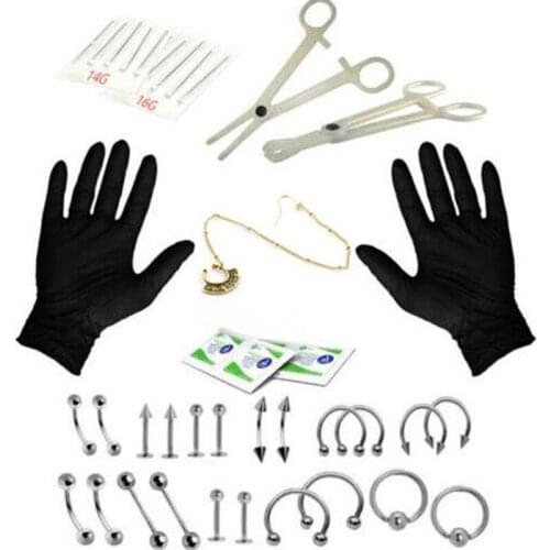 New Belly Nipple Eyebrow Lip Nose Ring Tongue Needles Body Piercing Kit Jewelry Tool