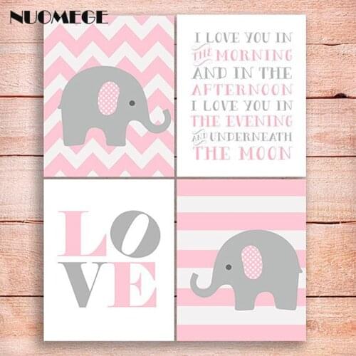 NUOMEGE Nursery Print Decor Elephant Pink Gray Wall Art Canvas Painting Love Quote Poster Art Decorative Picture for Living Room