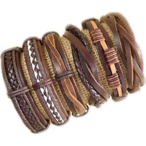 6pcs/set Black Wristband Genuine Leather Charm BraceletMen Jewelry Punk Vintage Braided Leather Bracelet For Men Male-S64