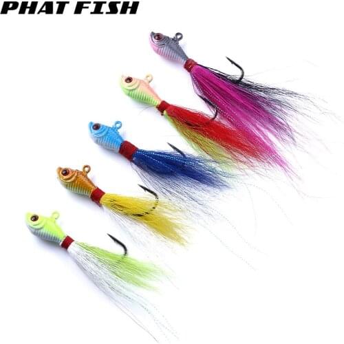 PHAT FISH 1pc 70mm 2.5g Jig Head Deer Bucktail High Carbon Steel Hook Fishing Lures Saltwater Jigging Baits