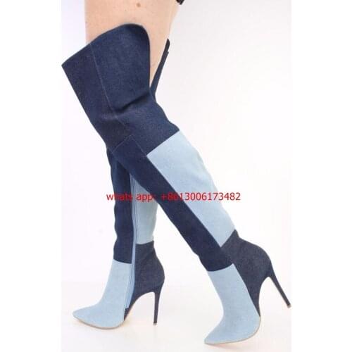 Real photos plus size Stitching blue jean over knee woman Boots High Heel Women Over the Knee denim Boots