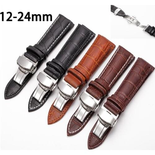 Genuine Leather Watchband 20mm 22MM Strap For Samsung Galaxy Watch gear s3 frontier 12-24MM Universal Wristband Butterfly buckle