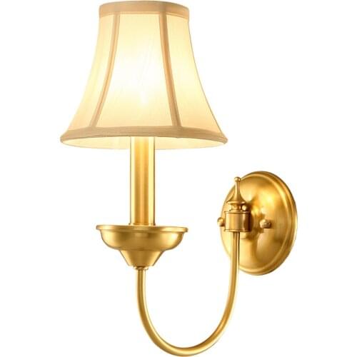 Luxury European Pure Copper Living Room Wall Lamp American Royal Copper Fabric Bedroom Wall Sconce Background Corridor Wall Lamp