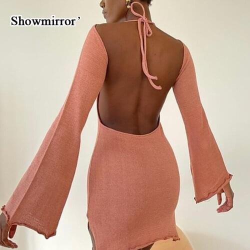 Showmirror 2021 Fall Halter Sexy V Neck Backless Mini Dress Womens Clothing Birthday Elegant Knit Flare Sleeve Dresses
