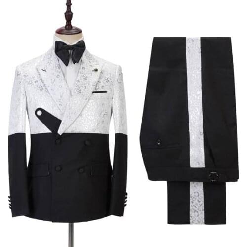 Unique Design White and Black Men Suits Party Prom Slim Fit Tuxedo Groom Terno Masculino Blazer 2 Pcs Costume Homme Wedding