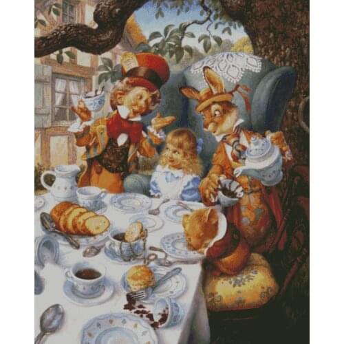 Needlework,14CT Counted A Mad Ted party for Embroidery,DIY Cross stitch kits,Arts Girl Rabbit Pattern Cross-Stitching Decor