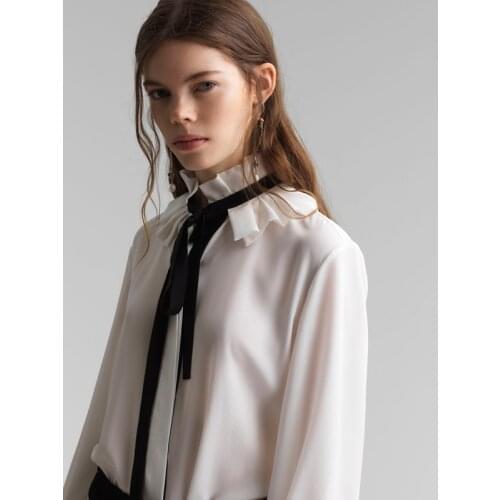 End 11.19 Quality High Fashion Elegant Exquisite Ruffled Collar Lantern Sleeve Temperament Silk Shirt Blouse Women
