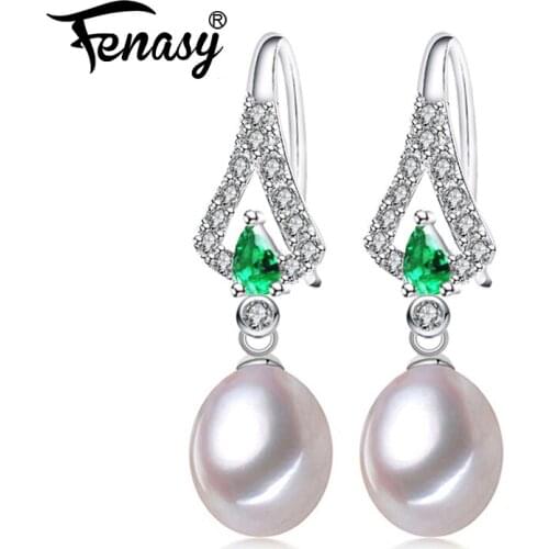 FENASY Emerald Freshwat Drop Pearl 925 Sterling Silver Long Earrings Bohemian CZ Green Crystal Earrings For Women Idea Gift