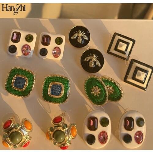 HangZhi 2021 New Retro White Drip oil Enamel Colorful Crystal Insect Flower Square Oval Court Vintage Stud Earrings for Women