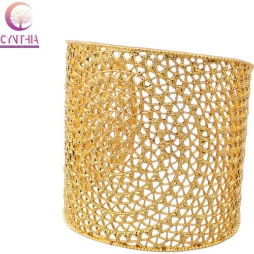 CYNTHIA Arabic Luxury Gold Color Bangle for Women Free Size Hollow Flower Hand Bangle for Bridal Ethnic Cuff Bracelets