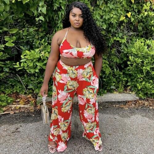 Floral Print Vintage Two Piece Pant Suit for Women Halter Backless Bandage Crop Top and Loose Wide Leg Trouser Summer Clothes