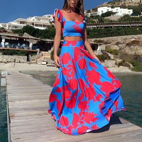 Plus Size 2 Piece Set Women Bohe Dres Print Floral Off Shoulder Sleeveless Crop Top High Waist Long Maxi Dresses 2021 Sundress