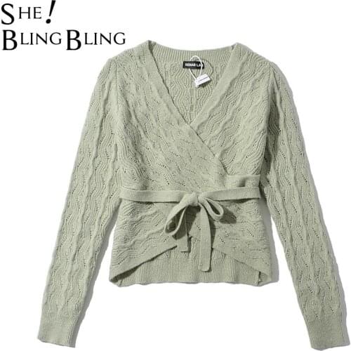 SheBlingBling Za Woman 2021 Casual Traf Pull Autumn Pointelle Knit Jumpers Criss-Cross Front Slim Sweaters Belted Beige Pullover